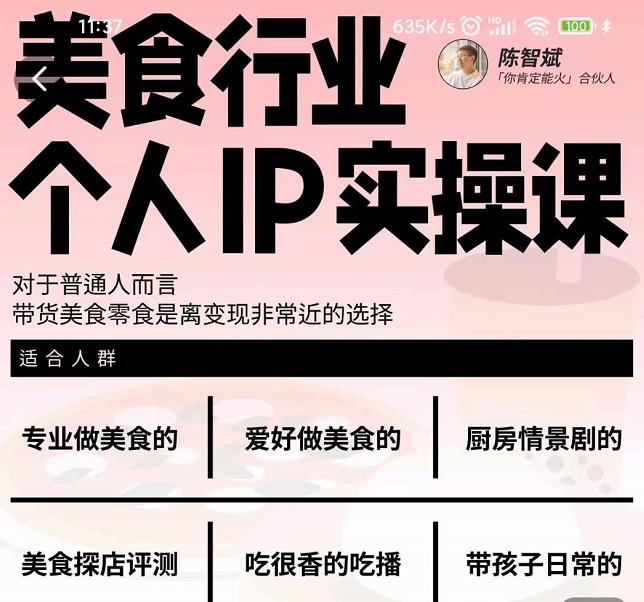 美食行业个人IP实操课，对于普通人而言，带货美食零食是离变现非常近的选择-我爱项目网