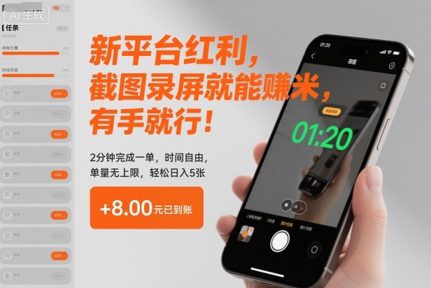 新平台红利,截图录屏就能賺米,有手就行!2分钟完成一单,时间自由,单量无上限,轻松日入5张【揭秘】-我爱项目网