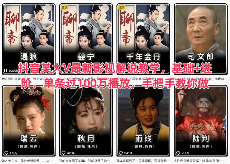 抖音某大V最新影视解说教学，基础+进阶，单条过100万播放，手把手教你做-我爱项目网